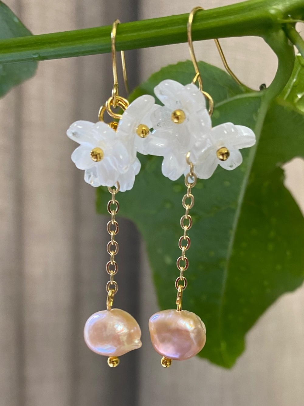 Cherry Blossom Chain Dangle Earrings with Freshwater Pearl